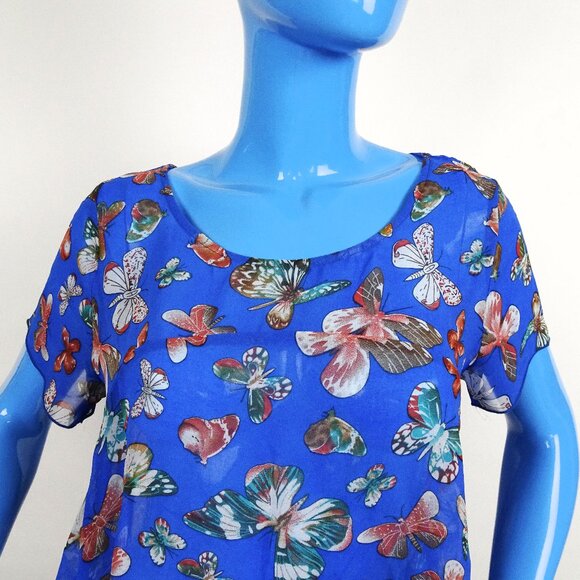 Dorothy USA Semi Sheer Butterfly Top Blouse Hanky Hem M 8 10 Georgette Short Sle - Picture 4 of 6